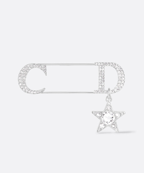 실버 피니시 브라스 & 화이트 크리스탈 브로치