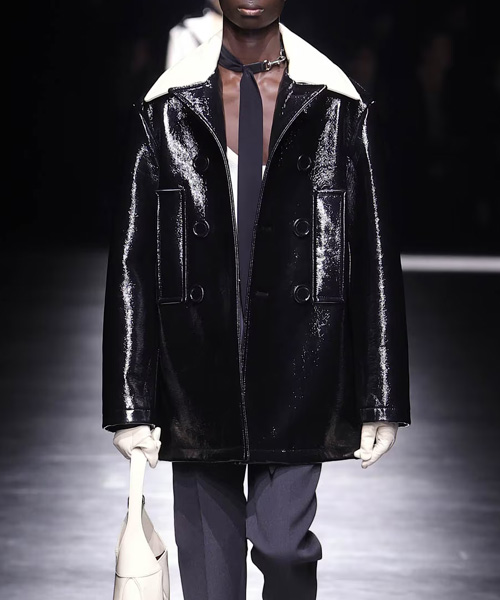 빅 카라 배색 가죽 코트