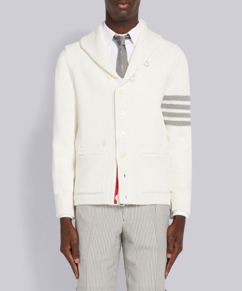 화이트 저지 스티치 코튼 4-바 숄 칼라 가디건