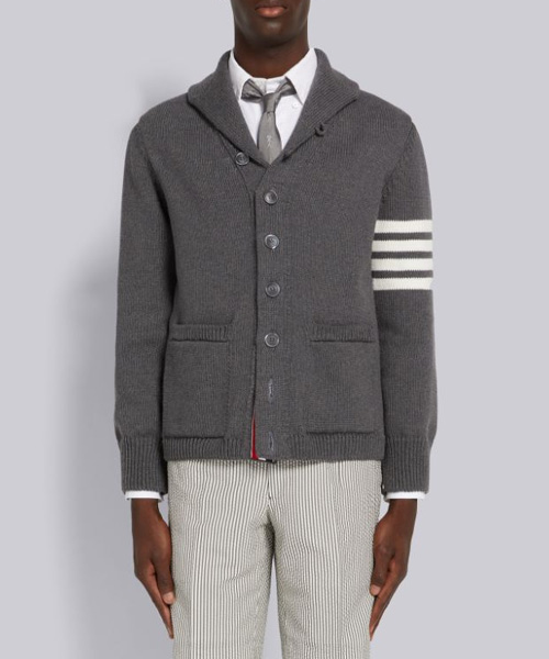 미디엄 그레이 저지 스티치 코튼 4-바 숄 칼라 가디건