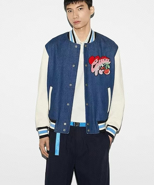 체리 패치 데님 & 가죽 블루종 자켓