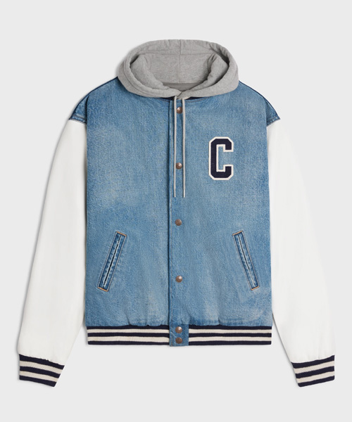 피스모 워시 데님 후드 바시티 자켓