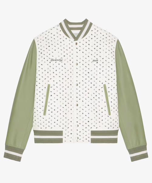 플라워 자수 가죽 바시티 블루종