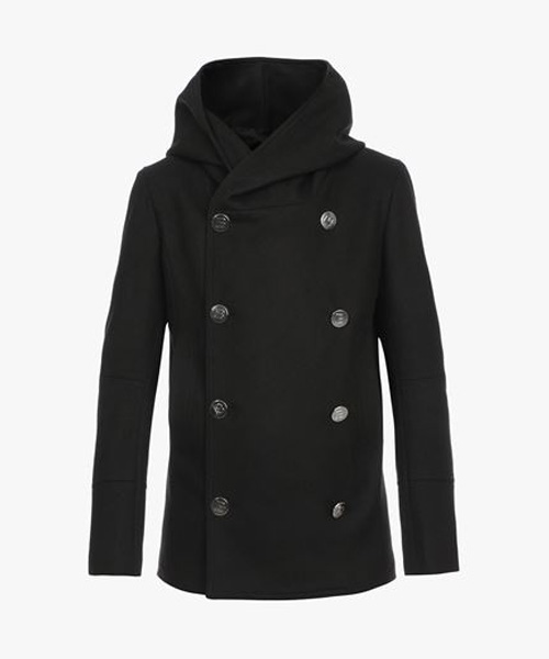 더블 버튼 후드 울 코트
