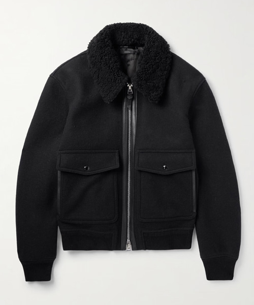 셔링 가죽 울 블렌드 봄버 자켓