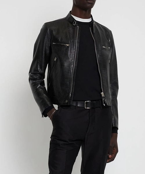 리자드 프린트 레더 바이커 자켓