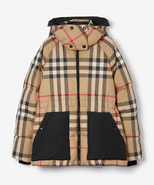 디태쳐블 후드 체크 푸퍼 자켓