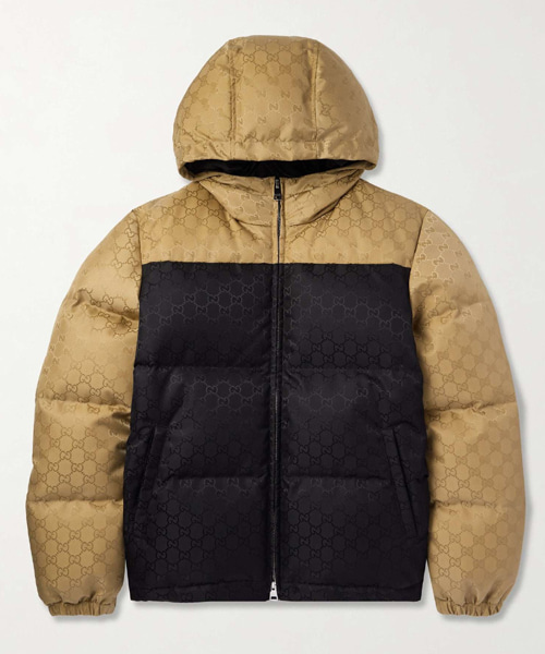 투톤 퀄팅 로고 자카드 후드 다운 자켓