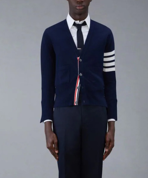 네이비 캐시미어 4-바 브이넥 가디건