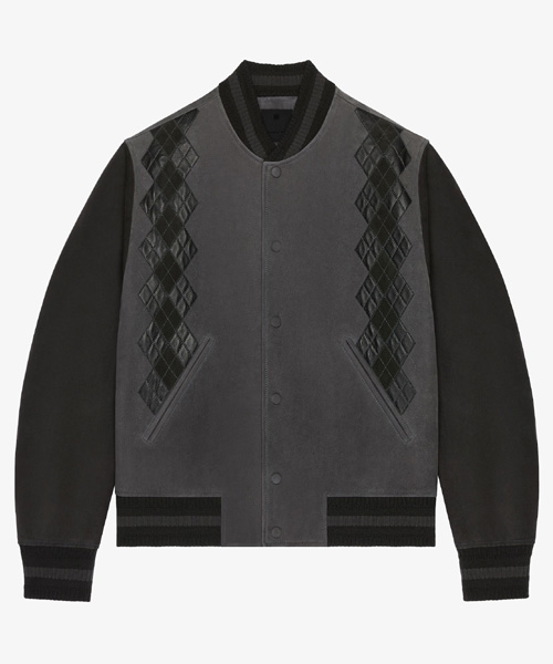 아가일 패턴 그레인 가죽 바시티 자켓