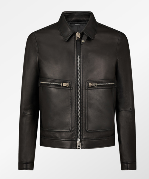 그레인 레더 콘트라스트 지퍼 블루종