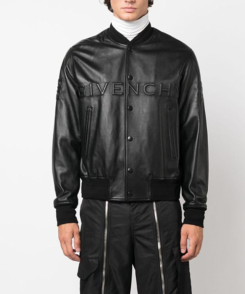 로고 엠보싱 가죽 바시티 재킷