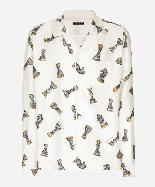 체스 피스 프린트 실크 트윌 셔츠