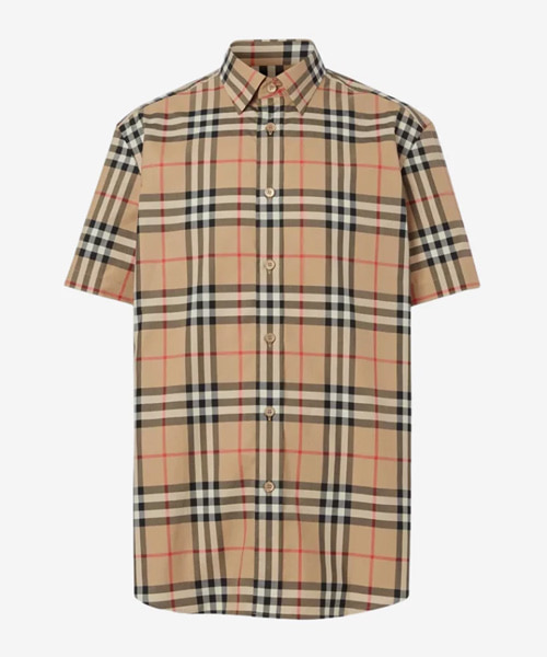 숏 슬리브 체크 코튼 포플린 셔츠