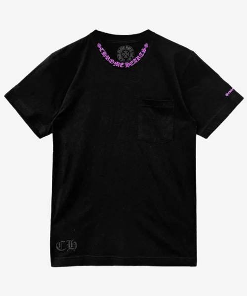 넥 스트립트 로고 숏 슬리브 코튼 티셔츠