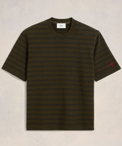 스트라이프 하트 자수 코튼 티셔츠