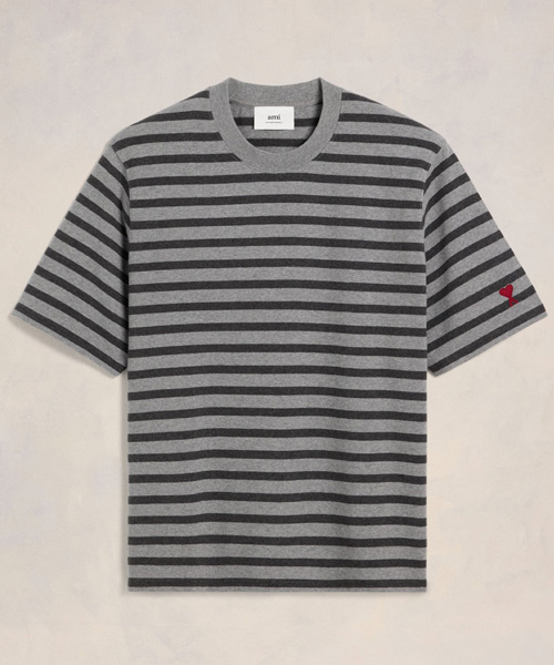 스트라이프 하트 자수 코튼 티셔츠