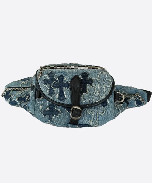 블루 데님 크로스 패치 벨트백