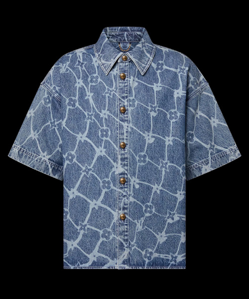 모노그램 프린트 숏 슬리브 데님 셔츠