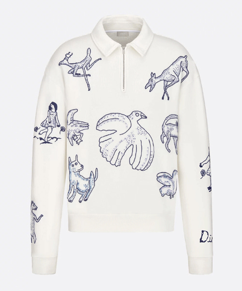 화이트 코튼 플리스 지퍼 칼라 스웨트셔츠