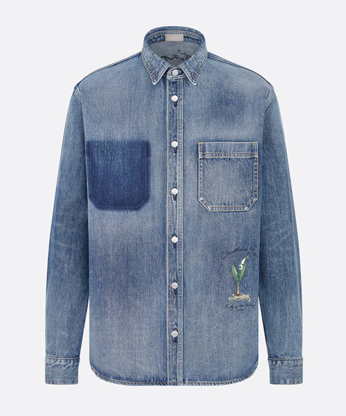 블루 코튼 트윌 클래식 핏 자수 셔츠