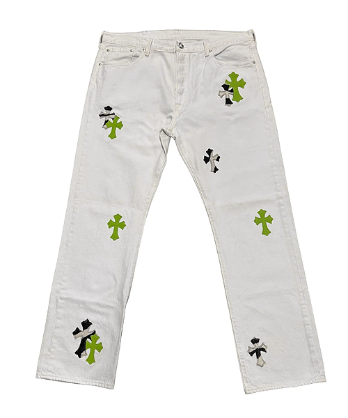제브라 / 그린 크로스 패치 화이트 데님 팬츠