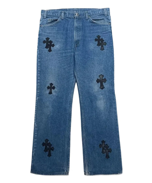 가죽 크로스 패치 데님 팬츠