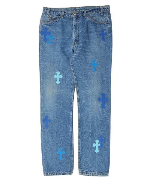 가죽 크로스 패치 데님 팬츠