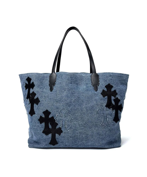 데님 가죽 크로스 패치 토트 백