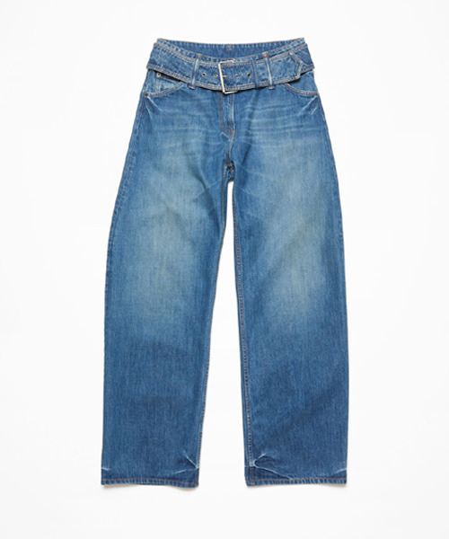 벨트 데님 와이드 레그 팬츠