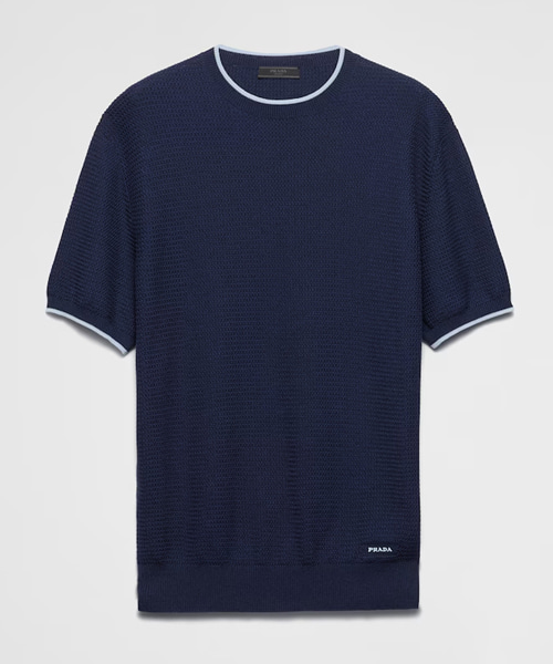 로고 자수 숏 슬리브 실크 & 코튼 스웨터