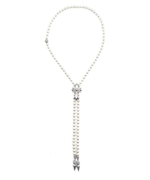 미키모토 18K 화이트 골드 크로스 볼로 타이 네크리스