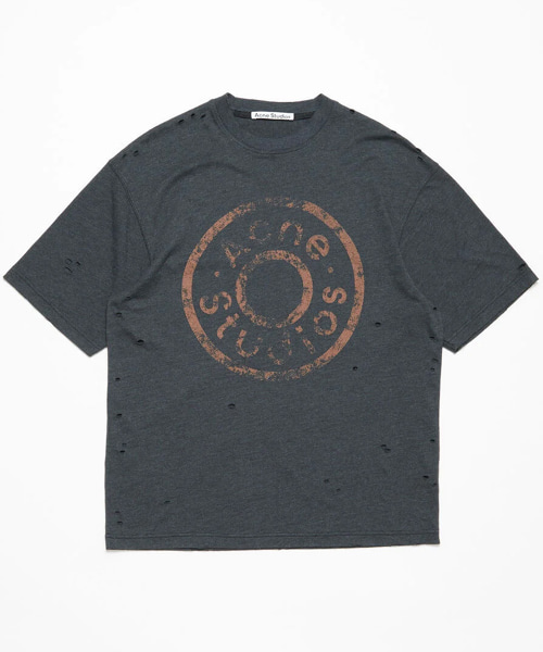 로고 프린트 디스트레스 코튼 티셔츠