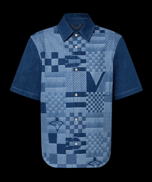 프린트 숏 슬리브 데님 셔츠