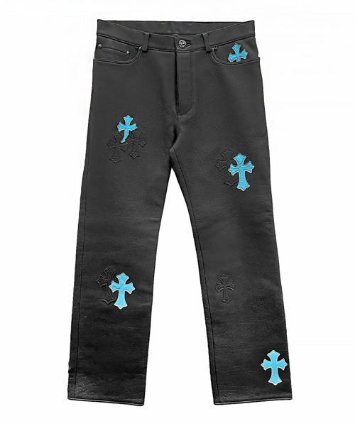 크로스 패치 가죽 팬츠