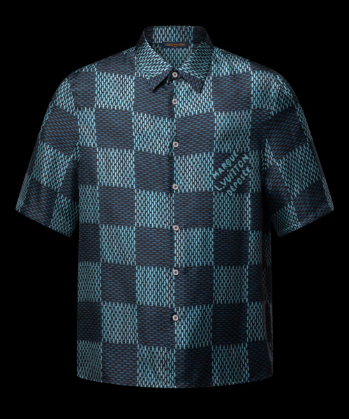 다미에 숏 슬리브 실크 셔츠