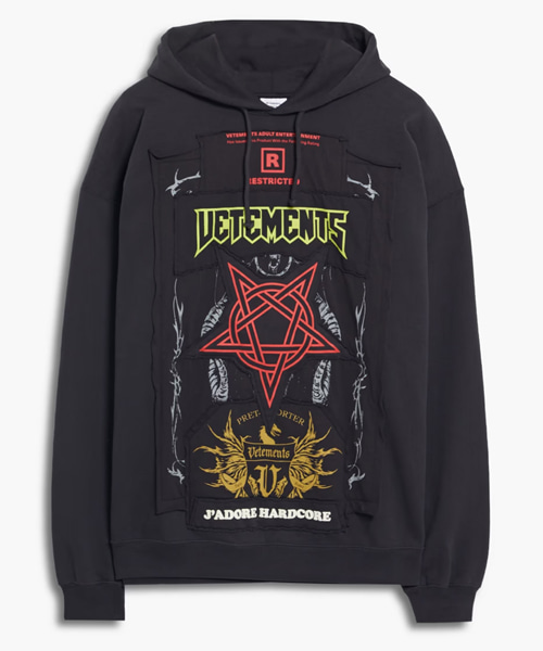 블랙 하드코어 패치 오버사이즈 코튼 블렌드 후드