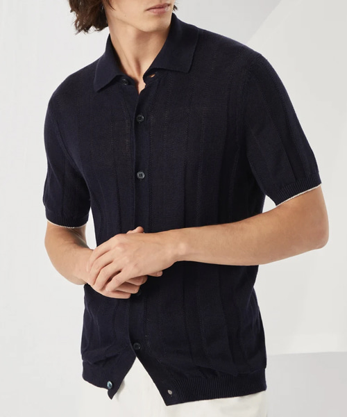 리넨 코튼 텍스처드 립 숏 슬리브 니트 셔츠