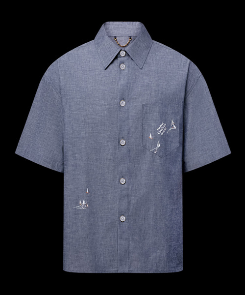 엠브로이더드 샴브레이 숏 슬리브 셔츠