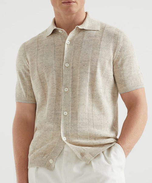 리넨 코튼 텍스처드 립 숏 슬리브 니트 셔츠