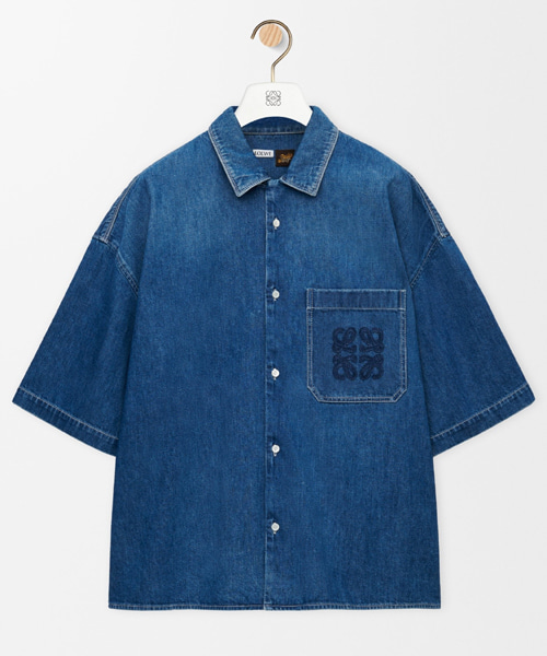 로고 자수 숏 슬리브 데님 셔츠