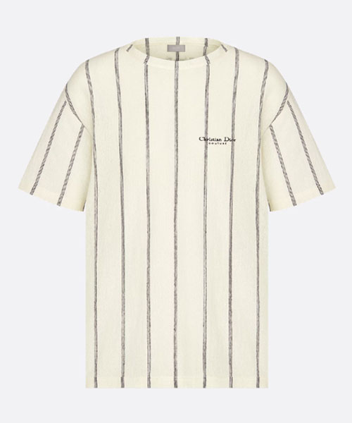 베이지 스트라이프 코튼 리넨 저지 티셔츠