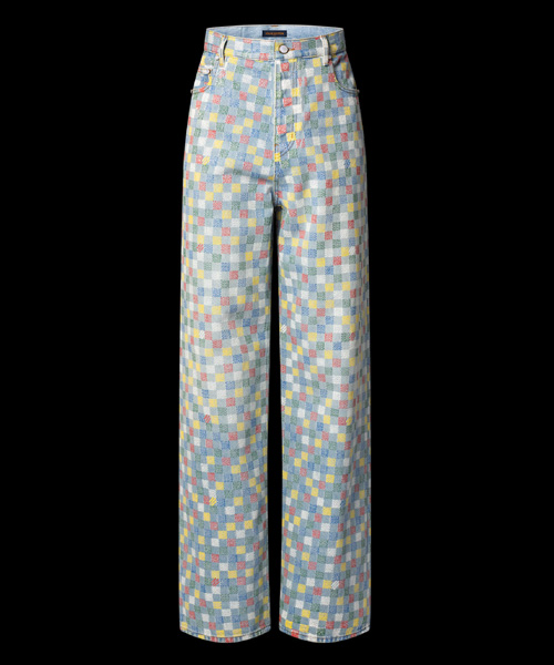 다미에 데님 와이드 레그 팬츠