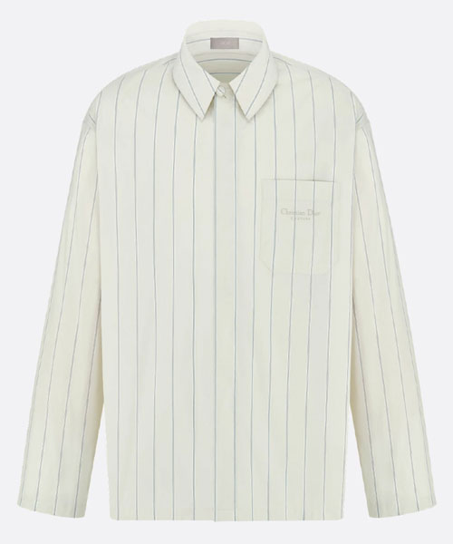 베이지 스트라이프 코튼 블렌드 포플린 자수 셔츠