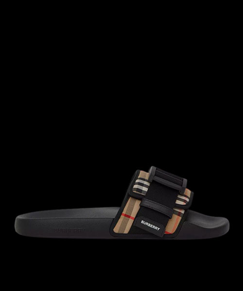 버클 스트랩 빈티지 체크 코튼 슬라이드