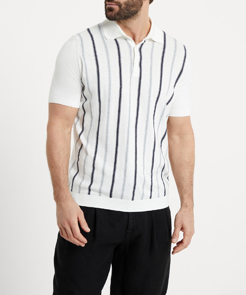 스트라이프 자가드 니트 코튼 폴로 셔츠