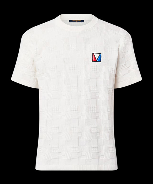 다미에 자카드 숏 슬리브 코튼 크루넥