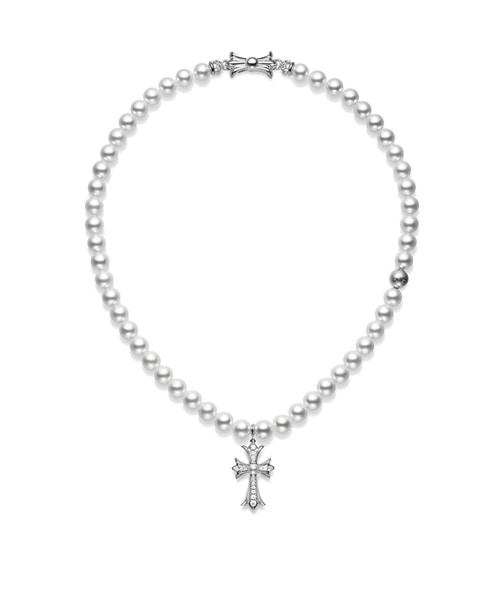 미키모토 18K 화이트 골드 크로스 아코요 진주 네크리스