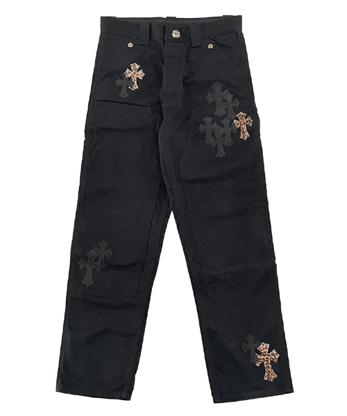 레오파드 가죽 크로스 패치 데님 팬츠