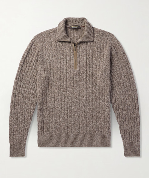 스웨이드 트리밍 케이블 니트 캐시미어 하프집업 스웨터